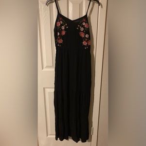 Peasant style black maxi dress with floral embroidery